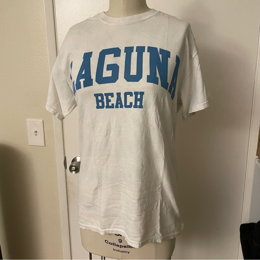 White and blue Laguna Beach graphic t-shirt